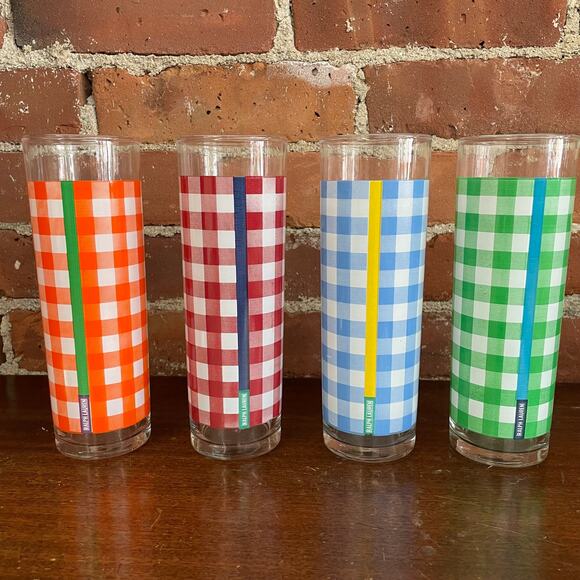 Ralph Lauren Gingham Plaid Glass Tumblers Set of 4 – Preppy Vintage Barware - Picture 2 of 5